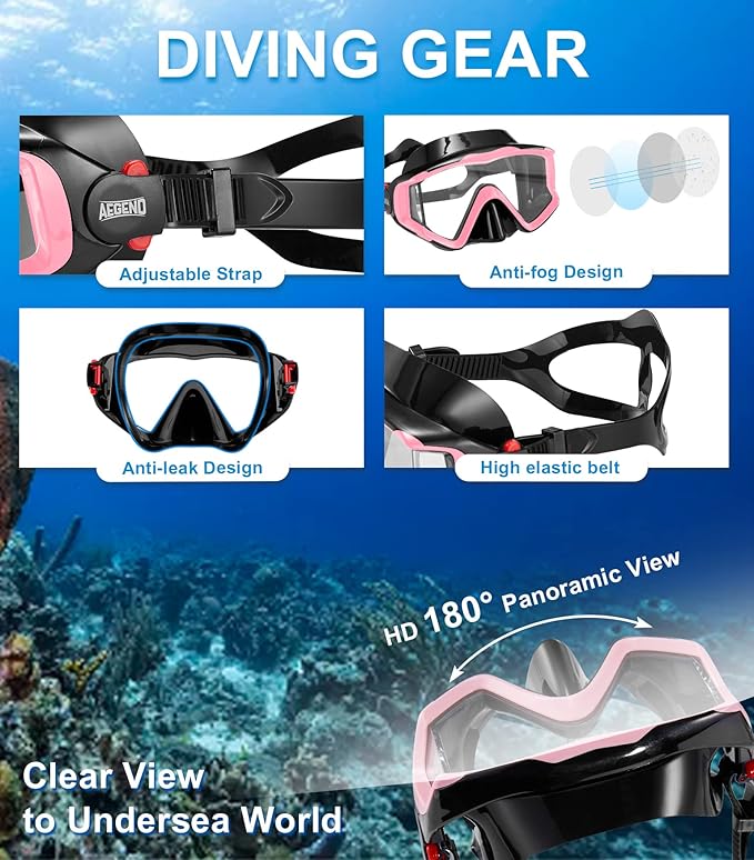 Aegend Snorkeling Gear for Adults Youth Kids, Dry Snorkel Set Panoramic View Enhanced Anti-Leak and Anti-Fog Technology, Adjustable Strap for Snorkeling Scuba Diving Swimming with Mesh Bag