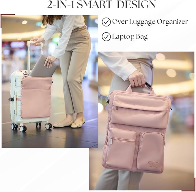 BAREFOOT CARIBOU Over Luggage Organizer for Carry On Bag or Suitcase with Storage Pockets, 16” Laptop Sleeve with Handle, Travel Accessories Bag Slide On Luggage Harness with Adjustable Straps (Pink)