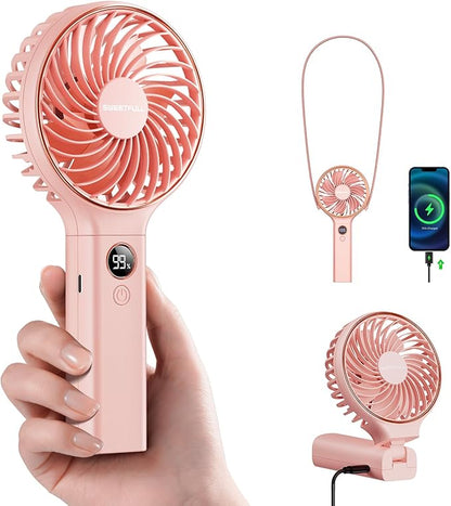SWEETFULL Handheld Portable Fan, 5000mAh Rechargeable Battery, 6 Speed Wind, LED Digital Display, Foldable Electric Personal Mini Travel Fan with Backup Power, Summer Essentials Gifts for Women Girl
