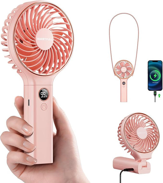 SWEETFULL Handheld Portable Fan, 5000mAh Rechargeable Battery, 6 Speed Wind, LED Digital Display, Foldable Electric Personal Mini Travel Fan with Backup Power, Summer Essentials Gifts for Women Girl