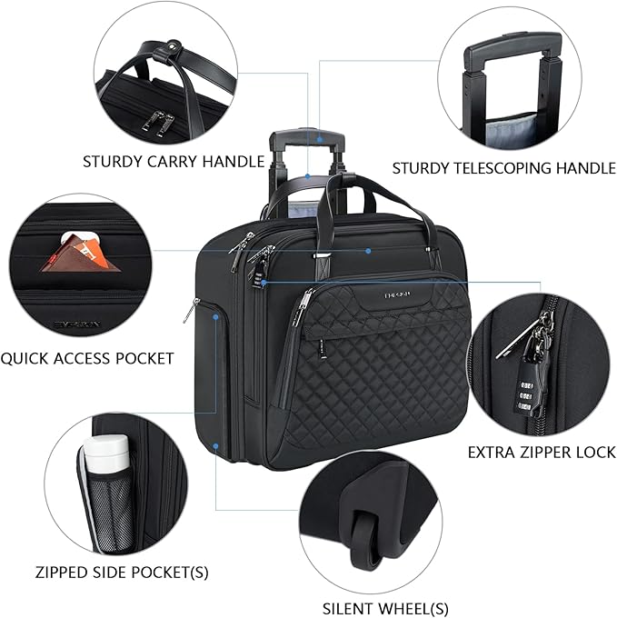 EMPSIGN Rolling Laptop Bag Women with Wheels, Briefcase for Women Fits Up to 15.6 Inch Laptop Briefcase on Wheels, Water-Repellent Overnight Rolling Computer Bag with RFID Pockets, Black
