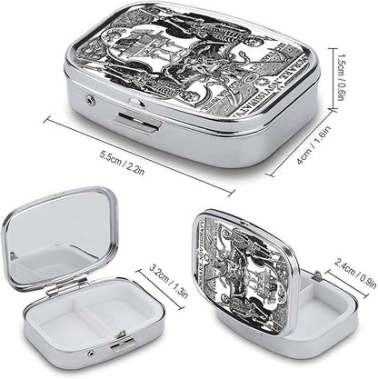 Metal 2 Compartment Pill Organizer Travel Friendly Portable Compact Pill Box Cute Pill Case to Hold Vitamins,Fish Oil,Supplements,Meds,Tablet for Purse,Pocket. (Skeleton Warrior)