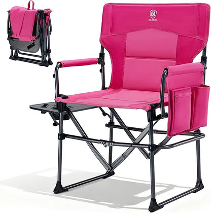 EVER ADVANCED Camping Directors' Chair with Side Table, Portable Folding with Compact Size, Heavy Duty Lawn Chair with Pocket for Camping, Lawn, Sports and Fishing, 400lbs, Pink