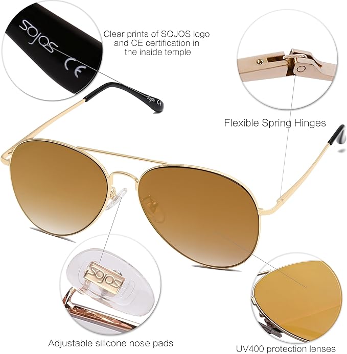 SOJOS Classic Aviator Sunglasses for Women Men Metal Frame Spring Hinges SJ1030