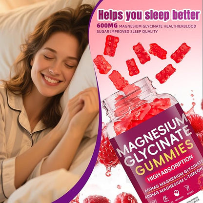 Magnesium Glycinate Gummies 600mg, High Absorption Magnesium Gummies with L-Threonate, Calcium, Vitamin B6, Sugar Free Chews for Adults & Kids Relaxation, Stress Relief Raspberry (60 Count)