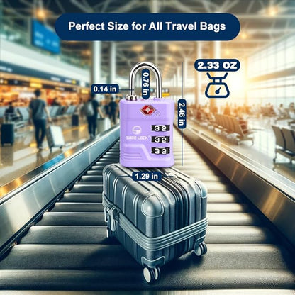 SURE LOCK TSA Locks for Luggage, TSA Approved Luggage Locks with Open Alert, 008 Key for High Security, Easy Read Dials, Zinc Alloy Body, Locker Lock for Suitcase, Gym, Travel. (Purple 4 pk)