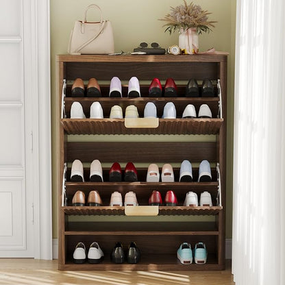 Fluted Shoe Cabinet Storage with 2 Flip Drawers, Narrow Shoe Storage Organizer for Entryway, Hidden Slim Wooden Shoe Rack Cabinet for Front Door Entrance, Hallway, Living Room (2-Drawer, Walnut)