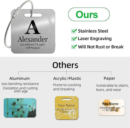 Customized Stainless Steel Luggage Tags: Personalize Your Suitcases, Backpacks, and Bags with Your Text - Custom Initial Text Name ID,Number(2 Pack)