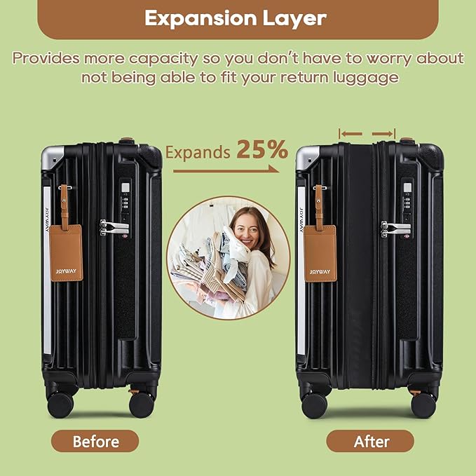 Joyway Carry On Luggage, Expandable Suitcase with Smart Cup Holder and USB Port, 20 IN Hardside Checked with TSA Lock Spinner Double Wheels, Black