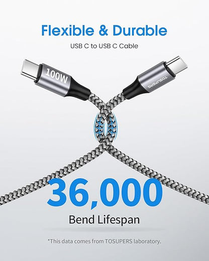 100W USBC to USBC Cable (6ft, 2-Pack), USB C to USB C Fast Charging Cable Braided C to C Charge Cord for iPhone Air 17 16 15 Pro Max, Samsung Galaxy S25 S24 A16, MacBook Pro, iPad, Pixel