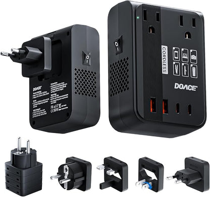 DOACE 350W Travel Voltage Converter US to Europe 220V to 110V Converter for Curling Iron Straightener Converter for European Travel 4 USB Charging Universal Power Plug Adapter UK/AU/US/EU, Black