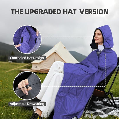 Outdoor Waterproof Blanket, Foldable Fleece Stadium Blanket for Outdoor Sports Event, Camping, Car, Pet, Picnics - Windproof, Wearable, Machine Washable 80" x 58" (Purple,Hooded)