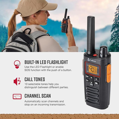 Cobra RX380 2-Pack Walkie Talkies & Compatible Cobra GA-SV01 2P Surveillance Headset Microphones: Rechargeable, 40 Preset Channels, Long Range 32-Mile Two-Way Radio Set, Black