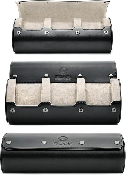 Watch Roll Cases for Men - Watch Travel Case - Storage and Display 3 slots - Jade Black/Ivory White interior Vegan Leather