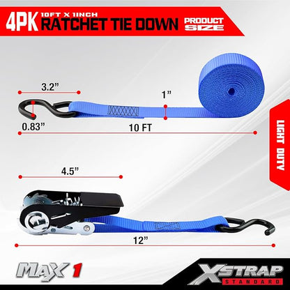 XSTRAP STANDARD Ratchet Tie Down Straps 4 Pk 10 Ft- 300 Lbs Load Cap- 900 Lbs Break Strength-Cargo Straps for UTV, ATV, Pickup,Truck, Moving Appliances, Lawn Equipment, Blue