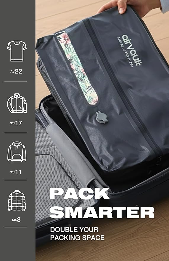 AirVault Travel Pack Vacuum Kit Reusable Air Seal Compression Bags with Wireless Suitcases Backpack Space Saver Vacpack (Gray 18L (2-Pack), 18L (Air Pump Included)