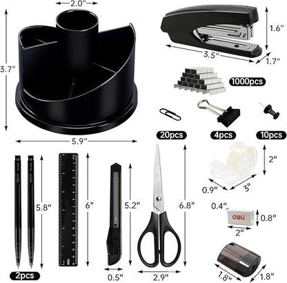 deli Office Supplies Set, 1045 Pcs-Desk Accessory Organizer Kit, Stapler Set, Rotating Multi-Functional Pen Holder, Tape Dispenser, Pens, Binder Clips, Sharpener, Scissor, Eraser, Black