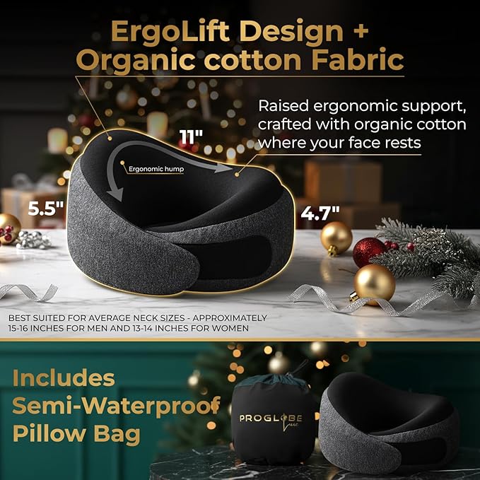 Proglobe Charcoal Black Memory Foam Travel Neck Pillow for Airplanes, Compact Plane Cushion for Long Flights with Soft Chin Support and Compression Bag, Comfortable Lightweight Air Travel Accessory
