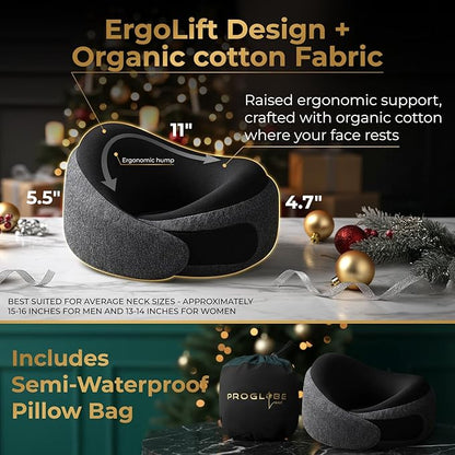 Proglobe Charcoal Black Memory Foam Travel Neck Pillow for Airplanes, Compact Plane Cushion for Long Flights with Soft Chin Support and Compression Bag, Comfortable Lightweight Air Travel Accessory