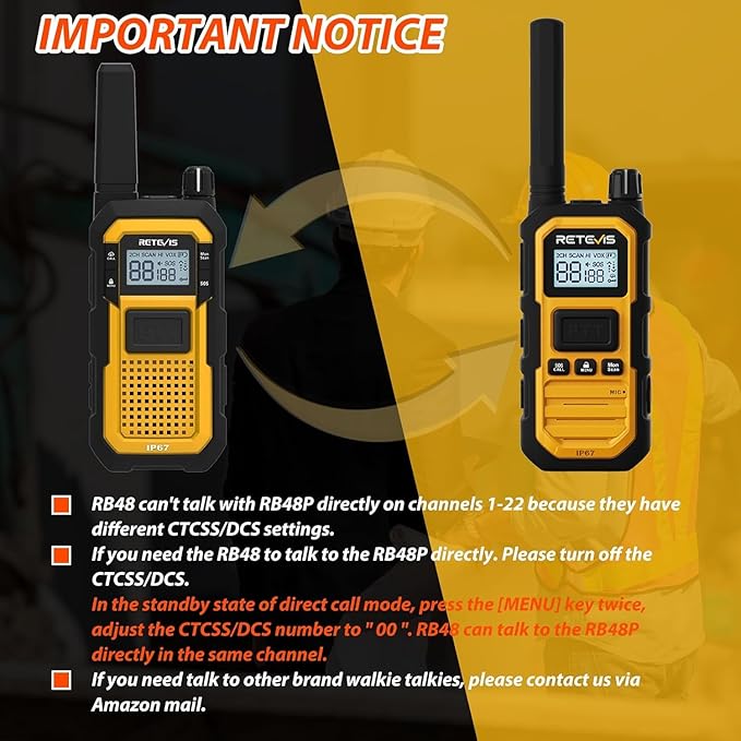 Retevis RB48 Plus Radios Walkie Talkies, IP67 Waterproof Two Way Radio Long Range, Heavy Duty 2 Way Radio, GMRS, Group Call, Vibration Alert, Emergency, for Construction Job Site(6 Pack)