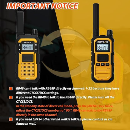 Retevis RB48 Plus Heavy Duty Walkie Talkies with Earpiece, IP67 Waterproof Two Way Radios, Long Range 2 Way Radio, Group Call, VOX, SOS, NOAA (4 Pack)
