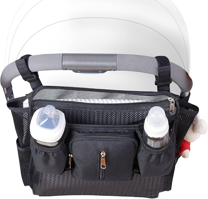 SUNVENO 2-pack Universal Stroller Organizer Caddy with Cup Holders, Wipes Pouch and Extra Storage, Zippered Mesh Side Sling for Pushchair, Black