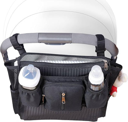 SUNVENO 2-pack Universal Stroller Organizer Caddy with Cup Holders, Wipes Pouch and Extra Storage, Zippered Mesh Side Sling for Pushchair, Black