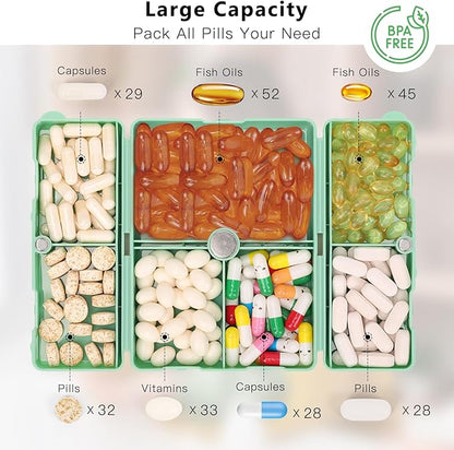 FYY Daily Pill Organizer,7 Compartments Portable Pill Case Travel Pill Organizer,[Folding Design] Pill Box for Purse Pocket to Hold Vitamins,Cod Liver Oil,Supplements and Medication-DarkGreen