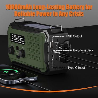 Emergency Radio Hand Crank Solar, 10000mAh/37000mWh Emergency Weather Radio, Hand Crank Solar Radios with NOAA/AM/FM, Cell Phone Charger, Headphone Jack, Flashlight for Indoor Outdoor