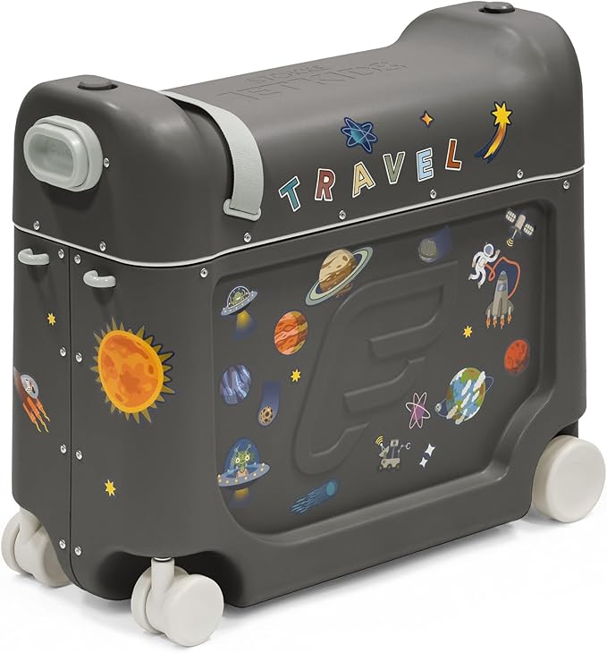 Stokke JetKids BedBox, Midnight Grey - Ride-On Suitcase for Kids 2-7 Years Old (up to 77 lbs) - Transforms Into Bed - Includes Mattress, Decorative Stickers & Adjustable Carrying Strap