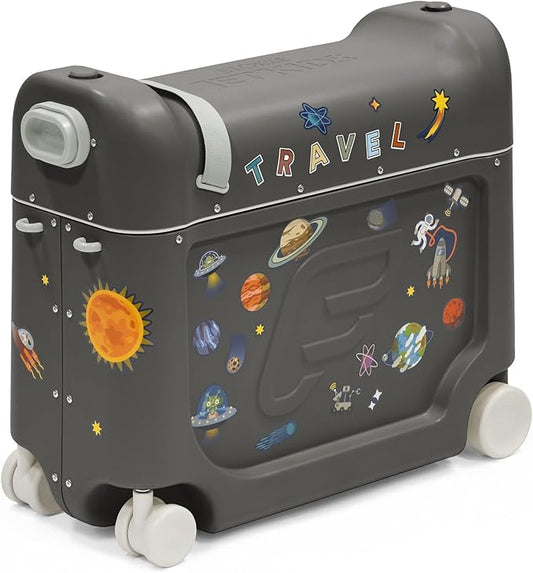 Stokke JetKids BedBox, Midnight Grey - Ride-On Suitcase for Kids 2-7 Years Old (up to 77 lbs) - Transforms Into Bed - Includes Mattress, Decorative Stickers & Adjustable Carrying Strap