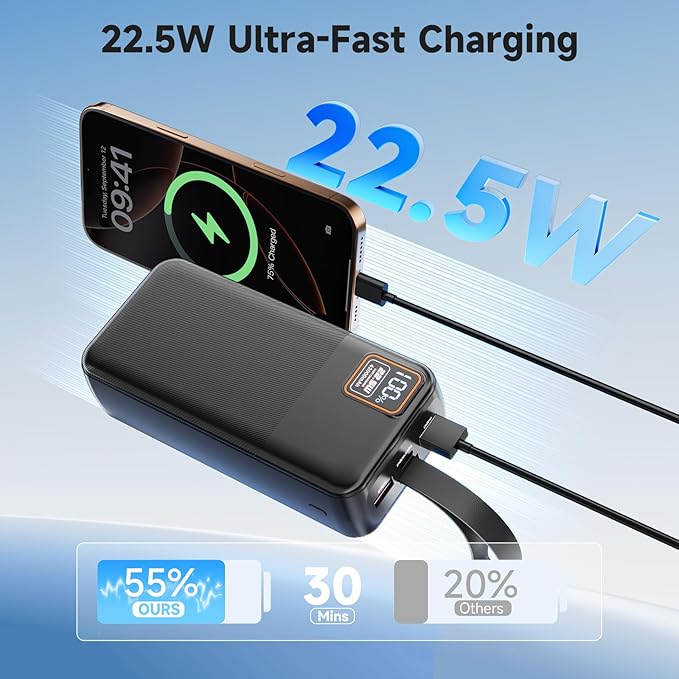 EnergyQC 42000mAh Portable Charger, 22.5W Power Bank with LED Flashlight - USB C Fast Charging External Battery Pack, LED Display Portable Phone Charger for iPhone 17/16/15/14, Android, Samsung,etc