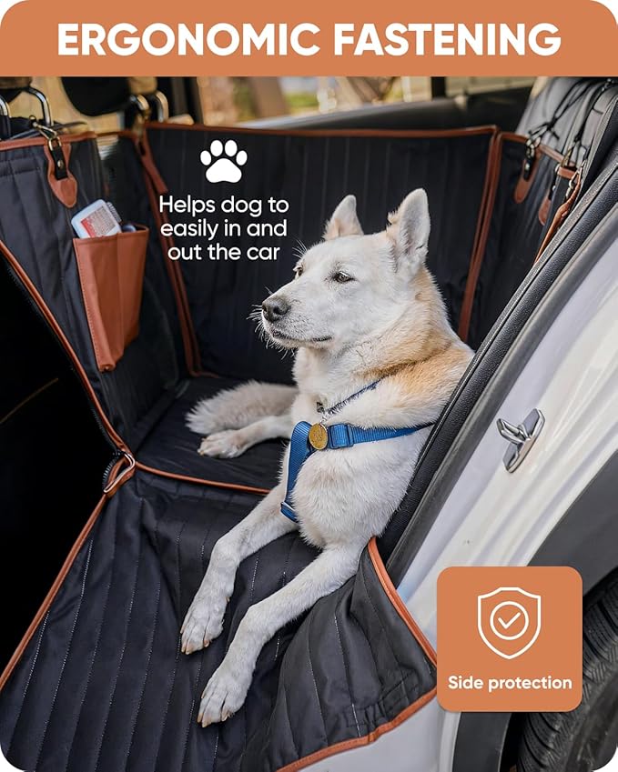 Owleys Hard Bottom Pet Seat Cover for Back Seat – Heavy Duty Waterproof Dog Hammock Bed –Travel Protector for SUVs, Sedans & Trucks – Foldable Design - 2 Pockets – Mesh Ventilation Windows