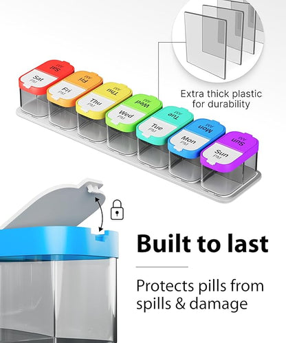 Extra Large Weekly Pill Organizer - XL Vitamin Holder with 7 Detachable AM PM Compartments - Portable Medicine Dispenser for Home and Travel, Big Supplement Container for Weekly or Daily Use, Rainbow