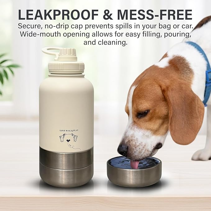 Love Wag & Play Dog Water Bottle Portable – 2 in 1 Stainless Steel Bowl for Food, Water – Leakproof Portable Water Bowl for Dog with Carry Loop – Detachable Design – Ideal for Kibble, Treats (Brown)