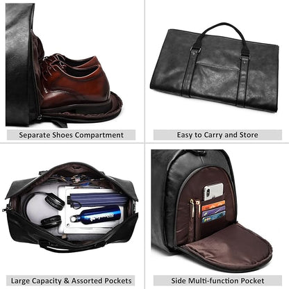 Carry on Garment Bags for Travel Leather Garment Duffle Bag Convertible Mens Suit Travel Bags with Shoe Compartment,Waterproof,Perfect for Business Travel/Husband Gifts (Black)