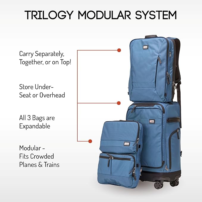 Trilogy Modular System I Modular 4-wheel spinner carry-on, with two zip-off bags! All 3 are Expandable! You get 3 bags in 1! Mix and match; take apart to fit crowded airplane spaces (Blue)