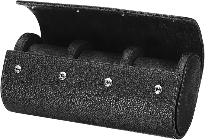 HARFINGTON Watch Roll Travel Case 3 Slot Portable Leather Watch Case for Men and Women, Watches Storage Organizer with Removable Pillow for Traveling, Display, Textured Black