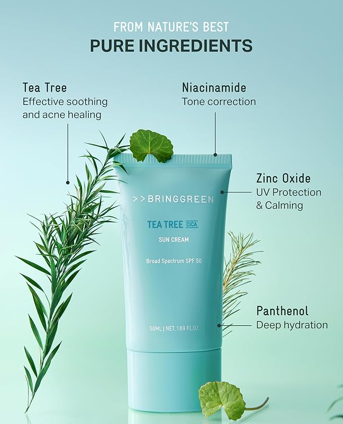 BRING GREEN Tea Tree CICA Mineral Sunscreen SPF 50+ PA++++ | Non-Nano Zinc Oxide Face Sun Lotion, Reef Safe Korean Sunscreen for Sensitive Skin, Oil-Free, 1.69 fl. oz