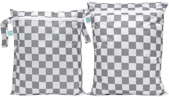 Bumkins - Waterproof Wet and Wetdry Bags - For Beach, Baby, Travel, Swim Suit, Cloth Diapers, Pump Parts, Pool, Gym, Toiletries - Reusable & Easy to Clean - Gray Check - 2 Pack