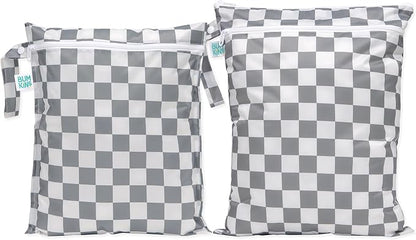 Bumkins - Waterproof Wet and Wetdry Bags - For Beach, Baby, Travel, Swim Suit, Cloth Diapers, Pump Parts, Pool, Gym, Toiletries - Reusable & Easy to Clean - Gray Check - 2 Pack
