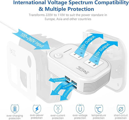FOVAL Power Step Down 220V to 110V Travel Voltage Converter International Power Adapter for Hair Straightener/Curling Iron with 4-Port USB Charging US/UK/AU/EU Universal Plug Adapter (White)