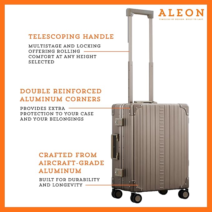 Aleon All Aluminum Lightweight Carry-On Luggage - Hardside Carry-On Suitcase, TSA Approved, Hard Shell Suitcase for Travel, Airline Approved 21 Inch Hard Spinner Wheels Luggage (Bronze)