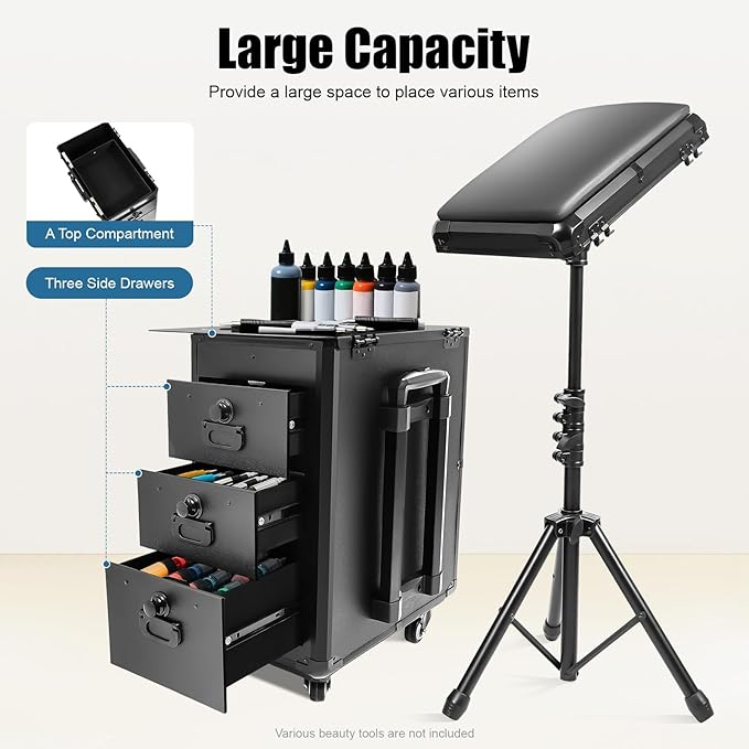 Rolling Makeup Train Case with Tattoo Armrest Stand, Tattoo Travel Case with 3 Drawers & Wheels, Portable Tattoo Station with Metal Panel for Makeup Artists, Estheticians & Crafters