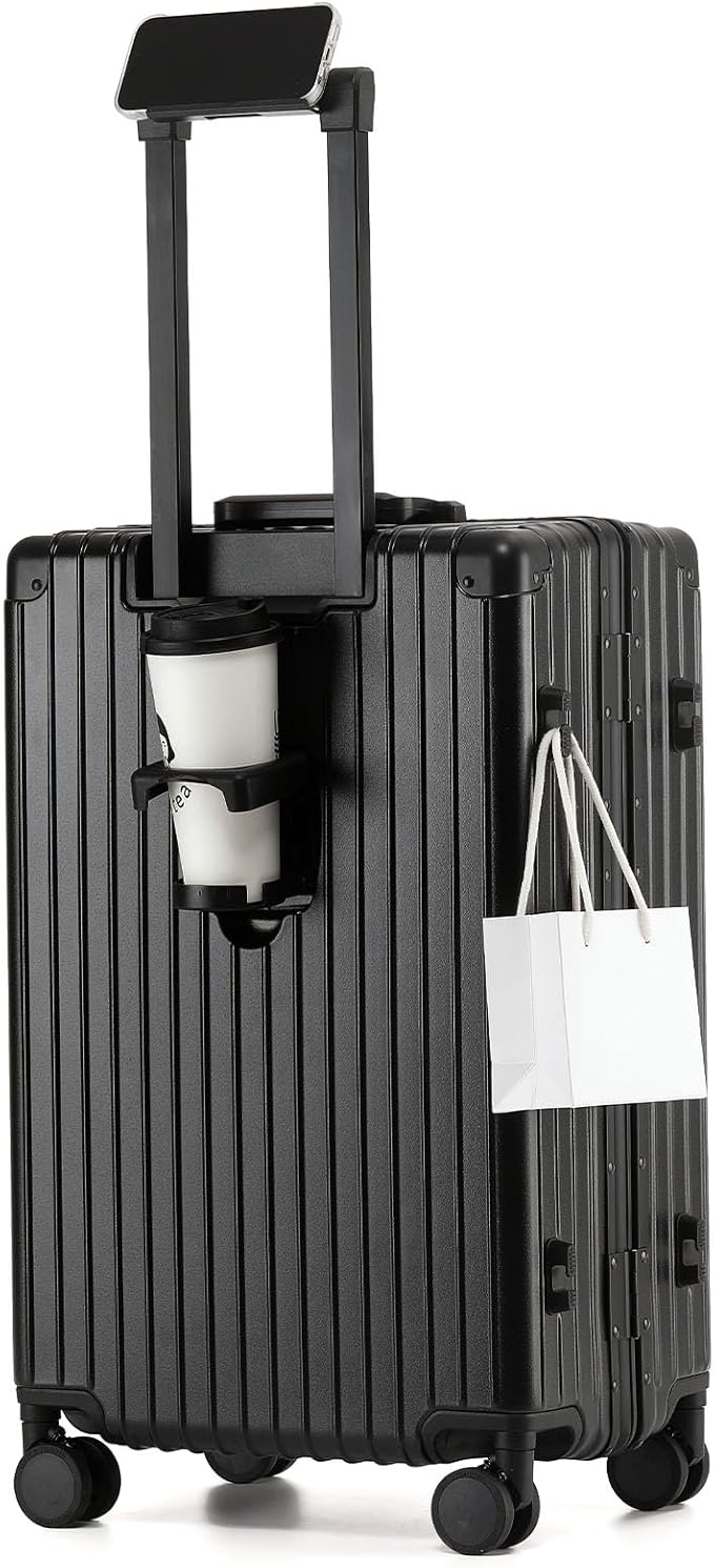 24 Inch Aluminum Frame Checked Travel Luggage with Spinner Wheels,Zipperless Hard Shell Suitcases with TSA Approved USB Port,Cup & Phone Holder for Women Men,Black