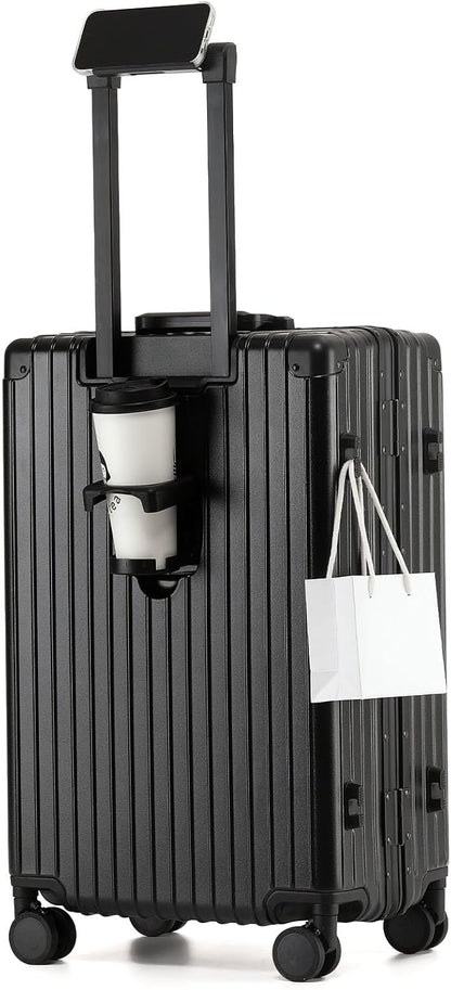 24 Inch Aluminum Frame Checked Travel Luggage with Spinner Wheels,Zipperless Hard Shell Suitcases with TSA Approved USB Port,Cup & Phone Holder for Women Men,Black