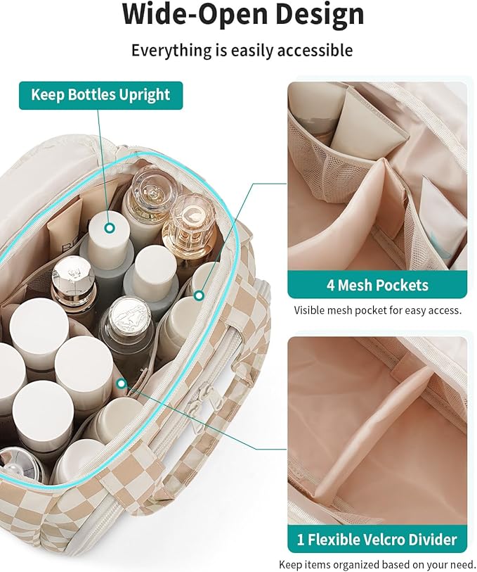 Narwey Large Travel Toiletry Bag, Wide-open Travel Bag for Toiletries, Toiletry Bags for Traveling Women, Cosmetic Make Up Makeup Bag Organizer with Wet Pocket, Skincare Bag (Light Checkerboard)