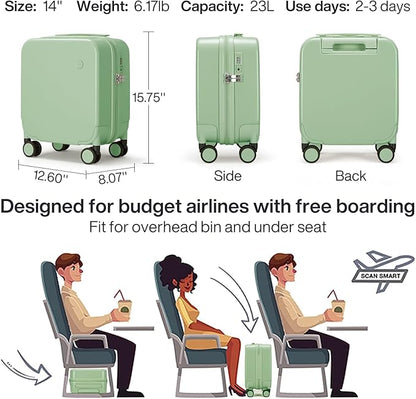 mixi 14 Inch Underseat Luggage Carry on Suitcase Free Boarding Personal Item Suitcases with Spinner Wheels Hardshell Lightweight PC for Short Travel, Avocado Green