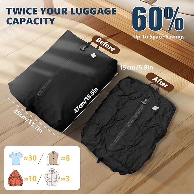 Dobaly 24L Vacuum Bags for Travel with 5KPa Pump, IP67 Reusable Vacuum Seal Bags for Carry On Suitcases Vacuum Packing Cubes for Luggage and Backpack Space Saver Durable (2PC+Pump)