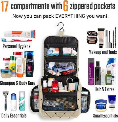 VENTURE 4TH Hanging Travel Toiletry Bag for Women & Men – Large Toiletry Organizer with 17 Compartments, Removable TSA Pouch, Travel Wash Bag for Toiletries, Makeup & Shaving Kit (Beige Diamonds)